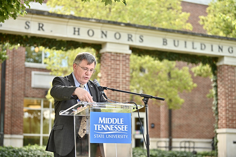 Dr. John Vile, dean of the University Honors College, reads a portion of the U.S. Constitution as part of MTSU's 2020 Constitution Day celebration. Vile has authored and edited about 50 books in a lengthy writing career. (MTSU file photo by J. Intintoli)