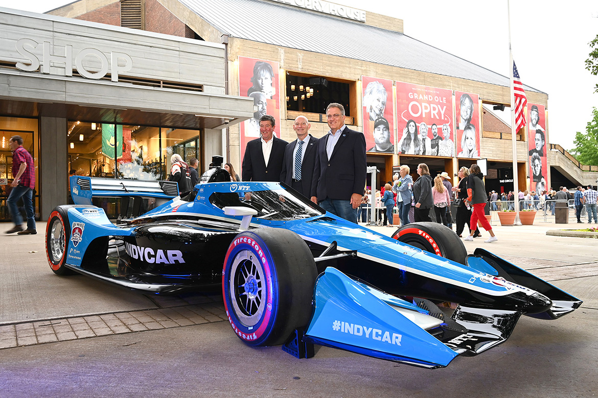 From left, Big Machine Music City Grand Prix CEO Matt Crews, a MTSU alumnus, retired Army Lt. Gen. Keith Huber, MTSU’s senior advisor for veterans and leadership initiatives, and MTSU Provost Mark Byrnes pose for a photo outside the Grand Ole Opry before Saturday’s sold-out Opry Salute the Troops show in Nashville, Tenn. (MTSU photo by James Cessna)