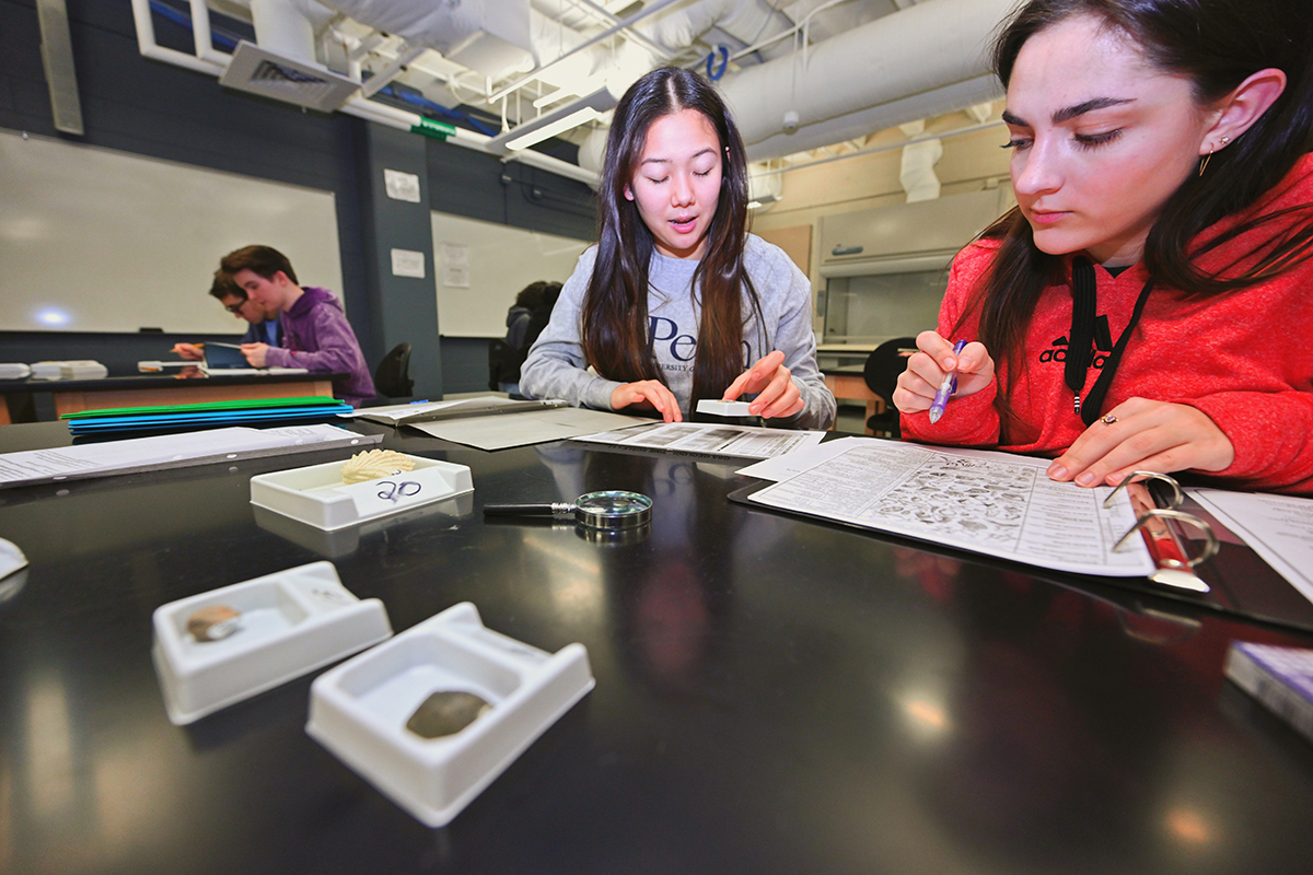 Tullahoma High School students Eleni Pisinos, left, and Molly Georgas work together to put a time stamp on old rocks that were part of the fossils event Saturday, Feb. 22, in a Davis Science Building classroom during the 25th Regional Science Olympiad at MTSU. (MTSU photo by Cat Curtis Murphy)