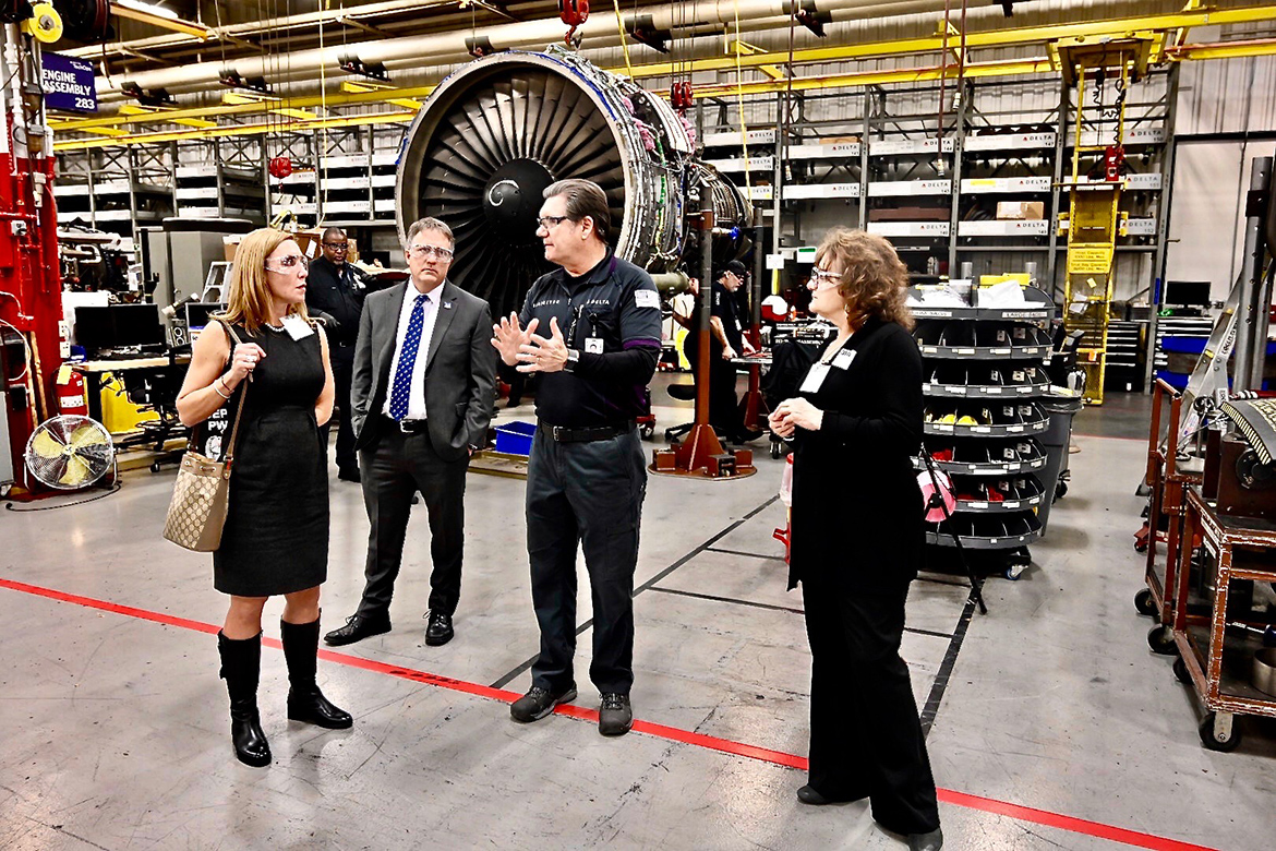 Provost Mark Byrnes, second from left, tours Delta’s Technical Operations Center at the airlines’ world headquarters in Atlanta. Joining Byrnes was Hilary Miller, director of MTSU’s Charlie and Hazel Daniels Veterans and Military Family Center, far left; and Peggy Carpenter, associate dean of University College, far right. (MTSU photo by Andrew Oppmann)