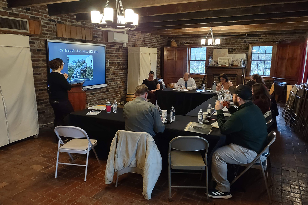 Stacey Graham, research associate professor at the Middle Tennessee State University Center for Historic Preservation, or CHP, in Murfreesboro, Tenn., gives a presentation at the workshop, “Tennesseans Who Shaped American Democracy,” in Nashville, Tenn., in February 2024. Graham will work with fellow CHP staff to manage the Teaching with Primary Sources regional grants awarded by the Library of Congress. (Submitted photo)