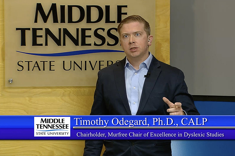 This computer screen capture shows Tim Odegard, who holds the Katherine Davis Murfree Chair of Excellence in Dyslexic Studies at MTSU, moderating the March 21 Fox Reading Conference hosted by the Tennessee Center for the Study and Treatment of Dyslexia at MTSU via videoconferencing. (Image courtesy of MTSU Livestream)