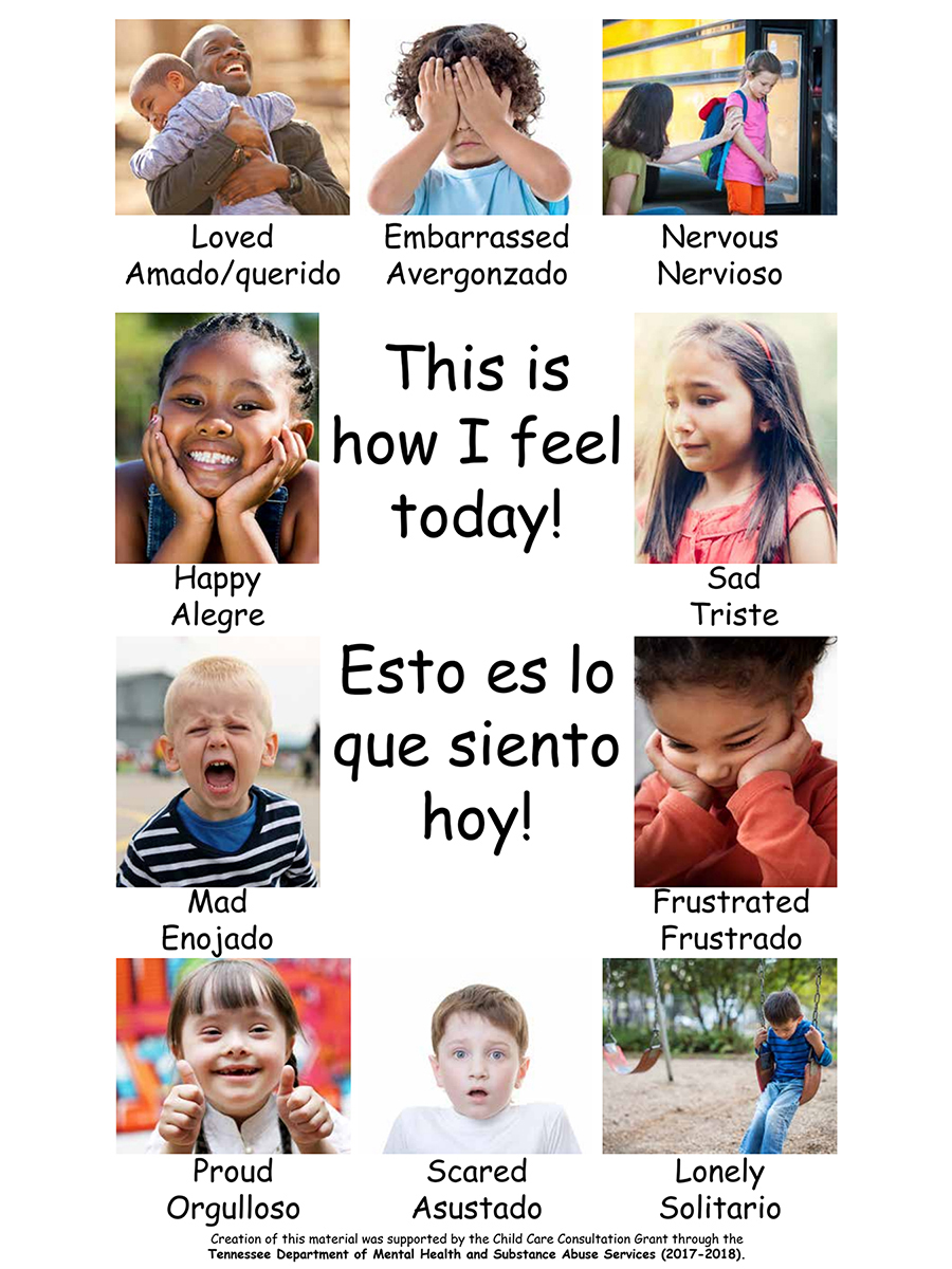 This "feelings" poster, funded by the Tennessee Department of Mental Health and Substance Abuse Services, shows young children how to recognize their feelings and emotions. The MTSU College of Education is offering, through its Early Learning Programs, a new online version of a course for preschool educators to help very young children develop social and emotional skills. Click on the image for a larger view.