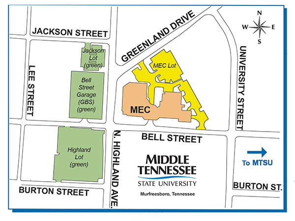 enlargement of MTSU campus parking map showing the area near Bell Street and North Highland, about five blocks east of campus, that includes the university's Andrew Woodfin Miller Sr. Education Center, the Bell Street Garage, and the Highland and Jackson Street parking lots.