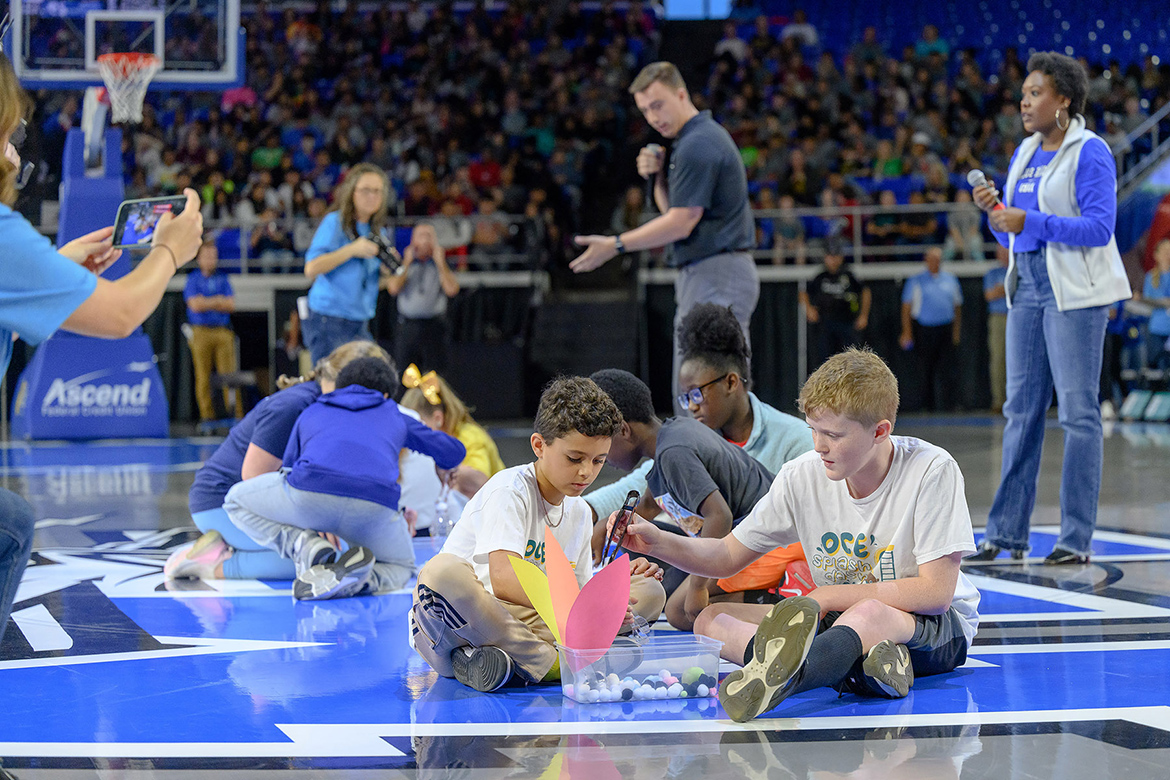 A group of Murfreesboro City Schools students enjoy a friendly educational game competition during halftime of the 10th annual Education Day game Nov. 9, 2023, at Murphy Center on the Middle Tennessee State University campus. The Lady Raiders women’s basketball team defeated the Florida A&M Rattlers by a score of 93-48. (MTSU photo by J. Intintoli)
