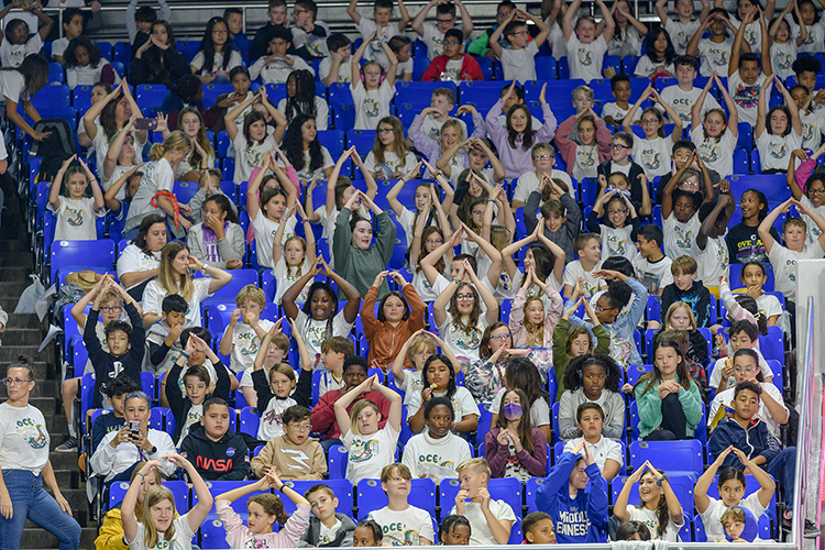 Murfreesboro City Schools students join together in cheering on the Lady Raiders women’s basketball team Nov. 9, 2023, during the 10th annual Education Day game inside Murphy Center on the campus of Middle Tennessee State University. (MTSU photo by J. Intintoli)