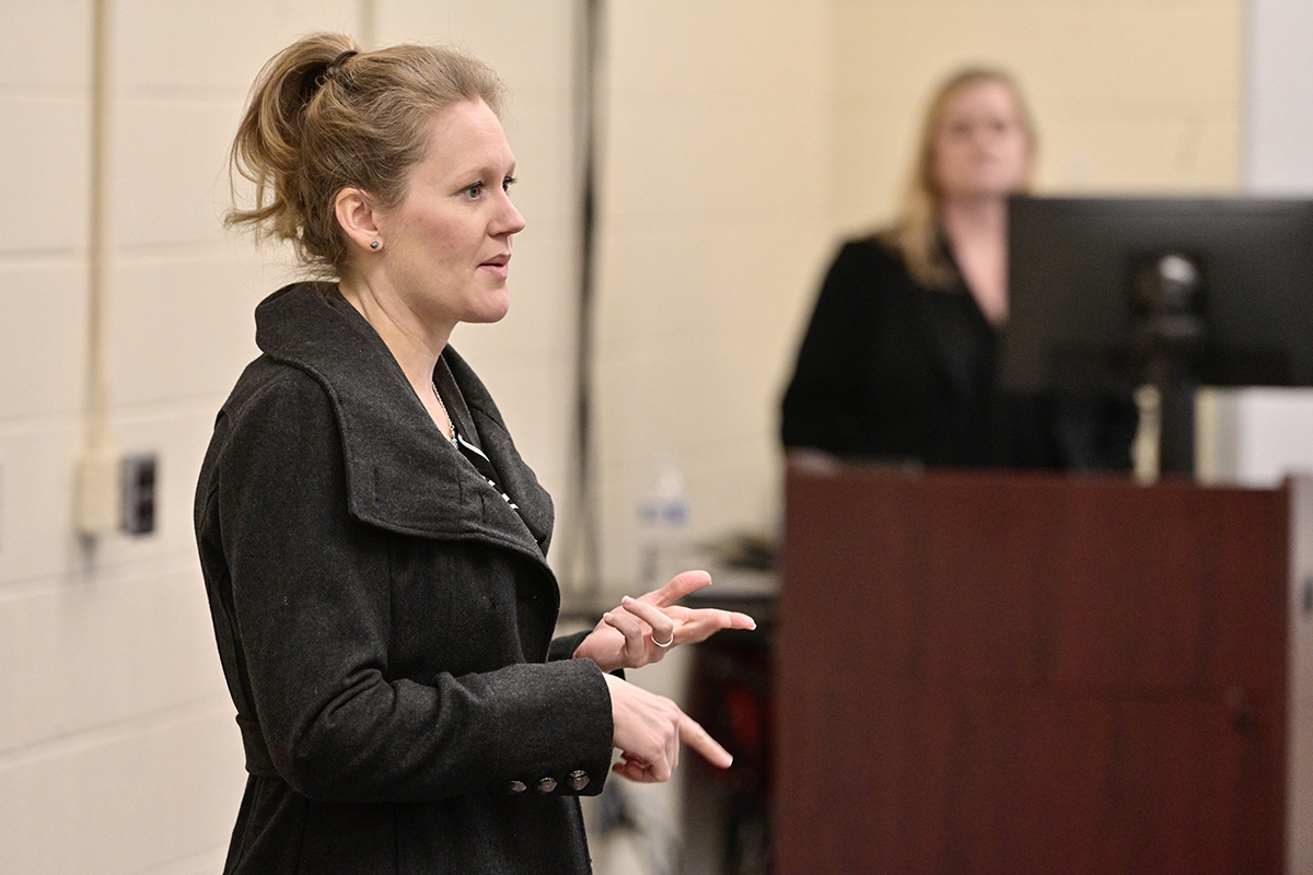 FBI Special Agent Tammi Laskowski shares information about the lengthy process required to become an employee with the FBI. The process includes passing a physical fitness test, oral interviews, background check, medical exam and more. (MTSU photo by Andy Heidt)