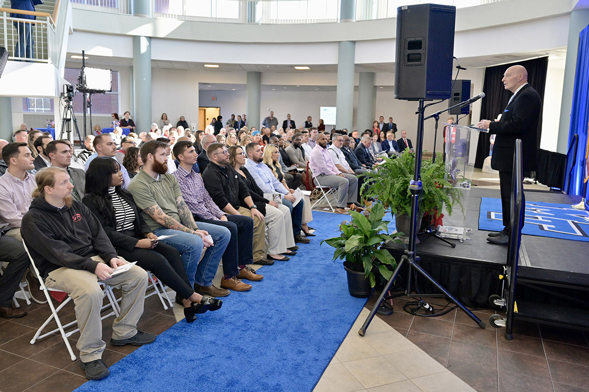 Keith M. Huber, Middle Tennessee State University senior adviser for veterans and leadership initiatives, speaks to the crowd gathered Thursday, Dec. 14, for the Graduating Veterans Stole Ceremony held at Miller Education Center and hosted by the Charlie and Hazel Daniels Veterans and Military Family Center. Nearly 80 student-veterans will graduate Saturday, Dec. 16, in MTSU’s Murphy Center. (MTSU photo by Andy Heidt)