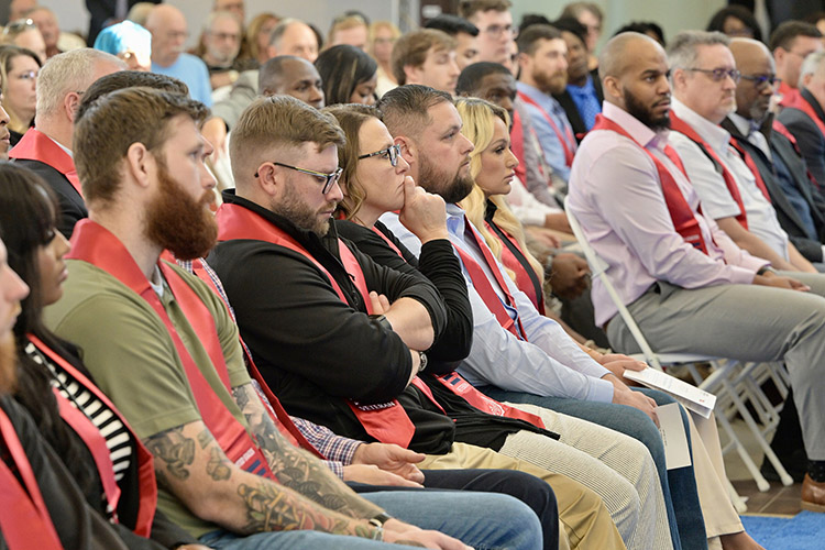 Middle Tennessee State University student-veterans wait to be recognized Thursday, Dec. 14, during the Daniels Veterans Center’s Graduating Veterans Stole Ceremony in the second-floor atrium of the Miller Education Center on Bell Street. There were 40 student-veterans present at the ceremony, held two days prior to the fall commencement ceremonies. (MTSU photo by Andy Heidt)