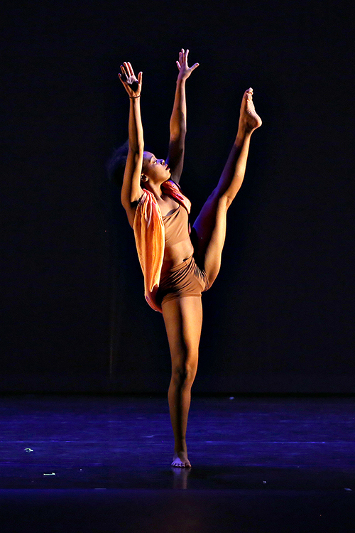 MTSU senior dance major Jordyn Hill of Knoxville, Tennessee, reaches skyward on the Tucker Theatre stage during the 2019 Fall Dance Concert in this file photo. The MTSU Dance Theatre will present its 2020 Fall Dance Concert Saturday, Nov. 21, via video at the program’s Facebook page: https://www.facebook.com/mtsu.dance. (Photo by Martin O’Connor)