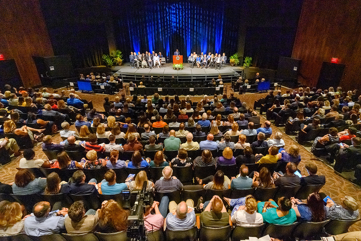 A large crowd looks on as MTSU President Sidney A. McPhee gives his annual State of the University Address during the Fall Faculty Meeting held Thursday, Aug. 22, inside Tucker Theatre. (MTSU photo by J. Intintoli)