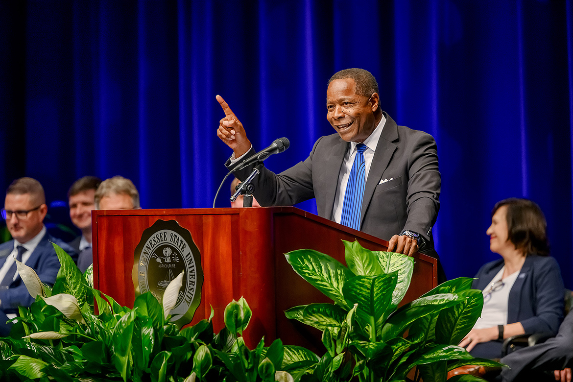 Middle Tennessee State University President Sidney A. McPhee gives his State of the University Address at the 2025 Fall Faculty and Staff Meeting held Thursday, Aug. 21, inside Tucker Theatre on the MTSU campus in Murfreesboro, Tenn. MTSU’s fall semester begins Monday, Aug. 25, with the start of classes. (MTSU photo by Andy Heidt)