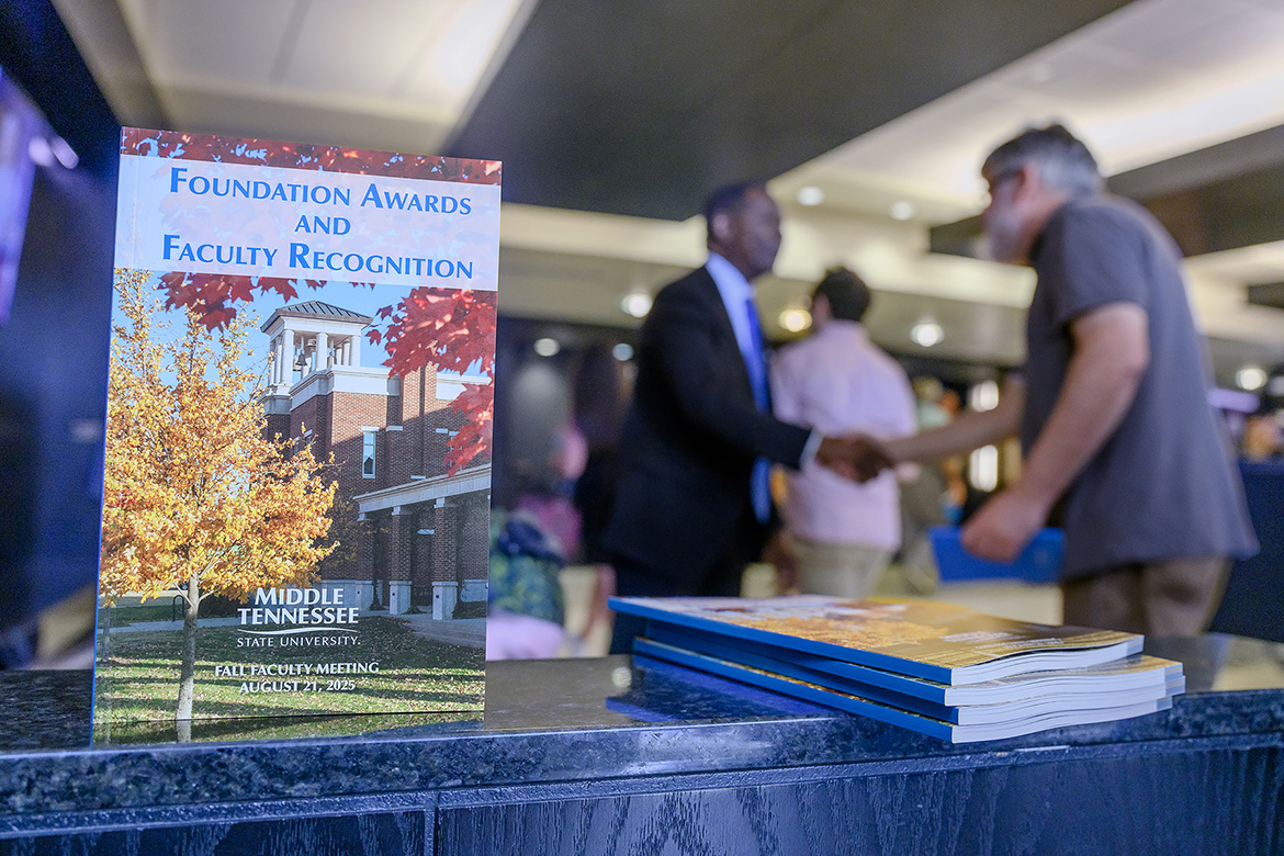 Middle Tennessee State University President Sidney A. McPhee, center background, greets attendees at the 2025 Fall Faculty and Staff Meeting held Thursday, Aug. 21, inside Tucker Theatre on the MTSU campus in Murfreesboro, Tenn. MTSU’s fall semester begins Monday, Aug. 25, with the start of classes. (MTSU photo by J. Intintoli)