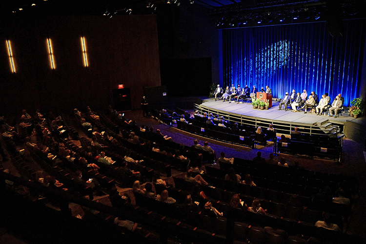 MTSU President Sidney A. McPhee gives his State of the University Address Thursday, Aug. 19, during the university’s annual Fall Faculty Meeting inside Tucker Theatre to kick off the 2021-22 academic year. The event returned to in-person with mandatory masks following last year’s virtual-only presentation because of the pandemic. (MTSU photo by Andy Heidt)