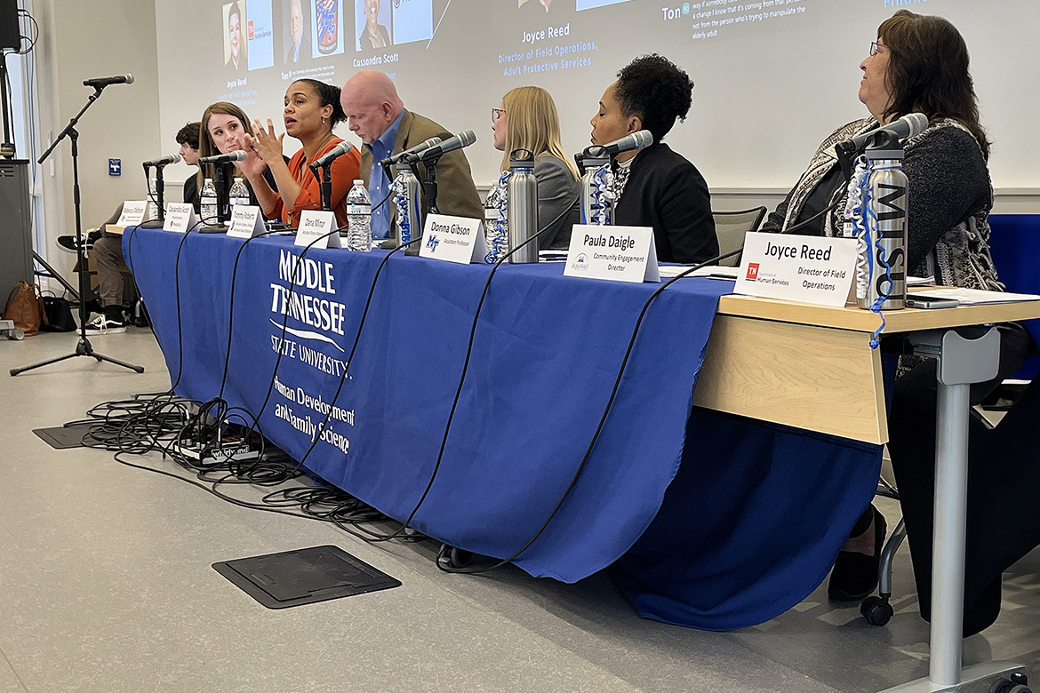 Cassandra Scott, third from left, a financial advisor, speaks at Middle Tennessee State University in Murfreesboro, Tenn., during the 2024 Family Violence Professional Panel Series. This year’s panel series will take place at 1:15 p.m. on March 26, April 9 and April 16 in Room 102 of the Academic Classroom Building, 1751 MTSU Blvd. The public is invited to attend the free sessions. (MTSU file photo by James Cessna)