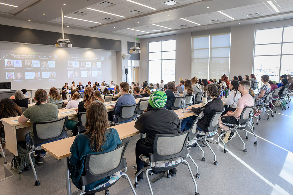 A full house listens to experts speak about the dangers and prevalence of intimate partner violence at the 2024 Family Violence Professional Panel Series at Middle Tennessee State University in Murfreesboro, Tenn. This year’s panel series will take place at 1:15 p.m. on March 26, April 9 and April 16 in Room 102 of the Academic Classroom Building, 1751 MTSU Blvd. The public is invited to attend the free sessions. (MTSU photo by James Cessna)