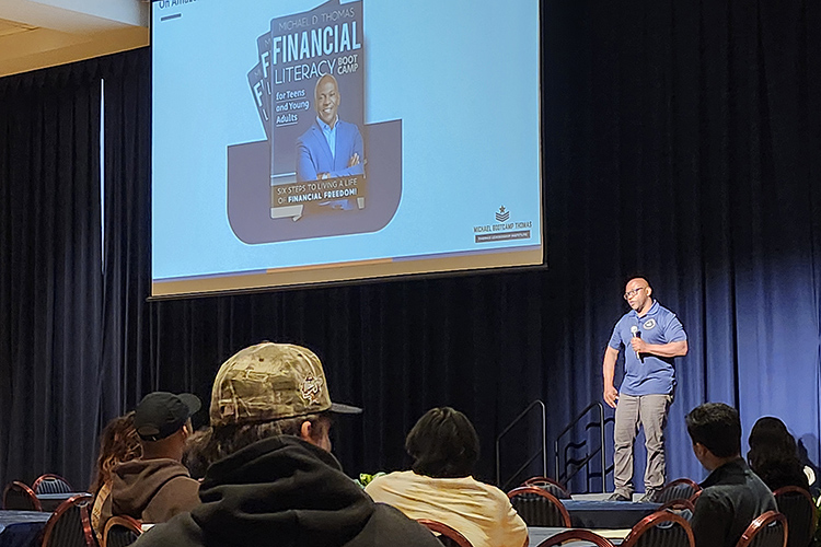 U.S. Army veteran and author Michael “Bootcamp” Thomas discusses the benefits of early investing during his keynote address for Middle Tennessee State University’s Financial Literacy Month on April 10 in the Tennessee Room of the James Union Building on the MTSU campus in Murfreesboro, Tenn. MTSU’s Department of Economic and Finance has hosted financial literacy events throughout the month. (MTSU photo by Jimmy Hart)