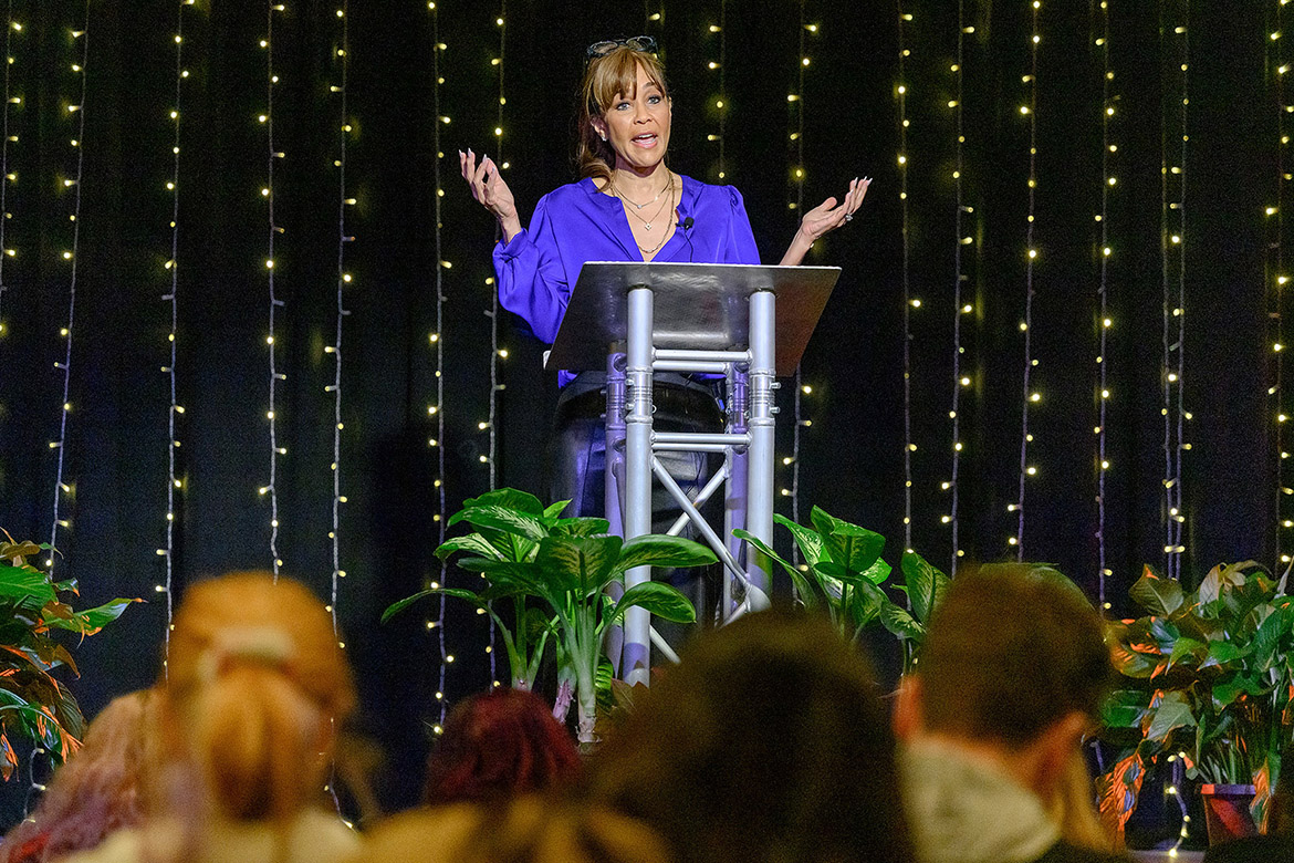 Seattle real estate investor and author Dana Frank shares remarks as the Black History Month keynote speaker at Middle Tennessee State University in Murfreesboro, Tenn. She told the crowd gathered at MTSU’s Keathley University Center Theater Tuesday, Feb. 18, to “light a flame and make it bright.” (MTSU photo by J. Intintoli)