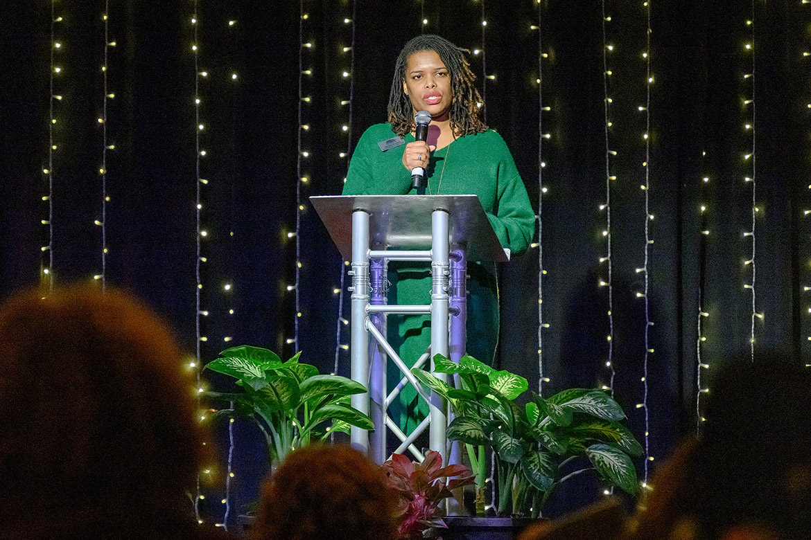 Danielle Rochelle, director of Intercultural and Diversity Affairs at Middle Tennessee State University in Murfreesboro, Tenn., thanks the crowd gathered on Tuesday, Feb. 18, in Keathley University Center on campus to hear Black History Month keynote speaker Dana Frank, a Seattle real estate mogul and author of “Get Up and Get On It: A Black Entrepreneur’s Lessons on Creating Legacy and Wealth.” (MTSU photo by J. Intintoli)