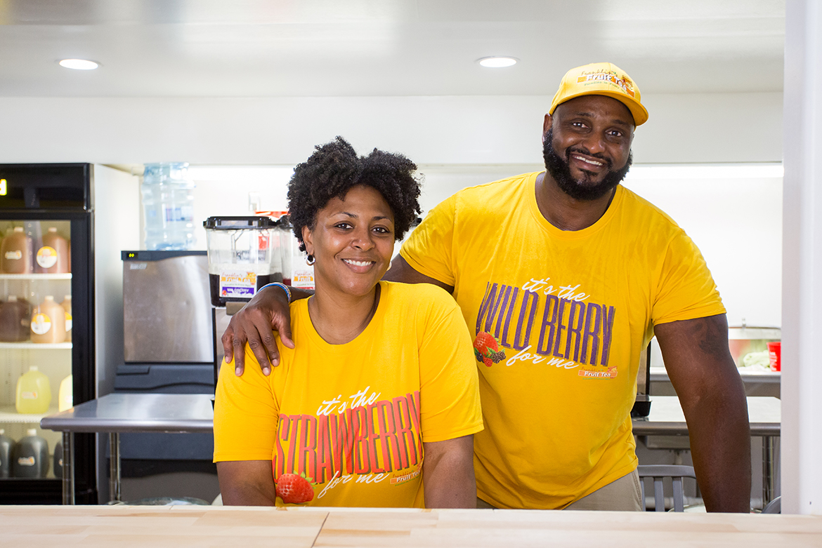 Middle Tennessee State University alumnus and former Blue Raider football player Germayle Franklin, right, and his wife, Mylikia, own and operate Franklin’s Fruit Tea in Murfreesboro and now offer their product at Dwight’s Mini Mart in Keathley University Center. (Submitted photo)
