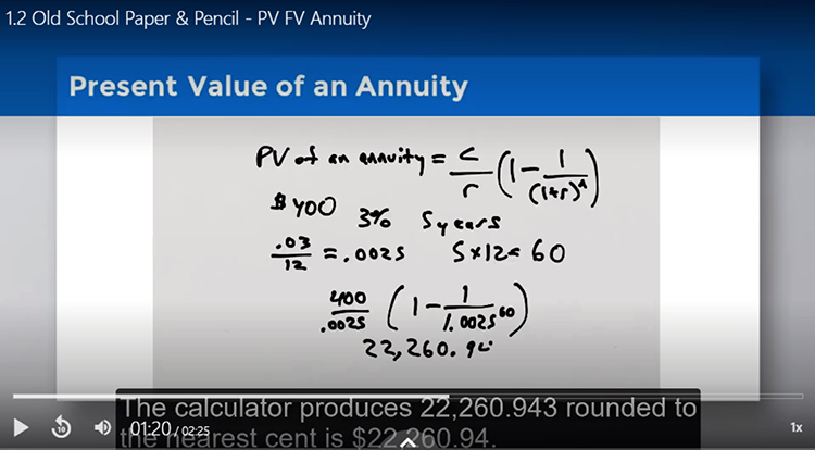 This screenshot shows a mathematical calculation example that is part of Dr. Keith Gamble’s online finance course, which includes step by step instructional videos with narration.