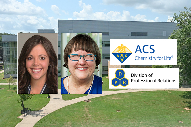 Nicole Gammons, left, Middle Tennessee State University Ph.D. student in the Molecular Biosciences program, recently won the American Chemical Society’s Leadership Development Award from its Division of Professional Relations for promoting women in STEM education, through her outreach work such as her volunteer position at the university’s Women in STEM Center directed by MTSU professor Judith Iriarte-Gross, right. (MTSU photo illustration by Stephanie Wagner)