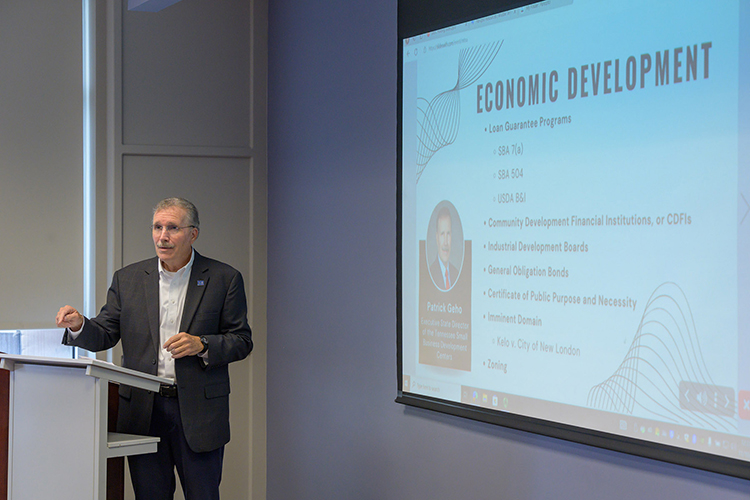 Patrick Geho, state executive director of the Tennessee Small Business Development Center at MTSU and management professor, makes a point Nov. 10, 2023, during a session of the Jennings and Rebecca Jones Chair of Excellence in Urban and Regional Planning Scholars Program in the Business and Aerospace Building at Middle Tennessee State University in Murfreesboro, Tenn. (MTSU photo by Andy Heidt)