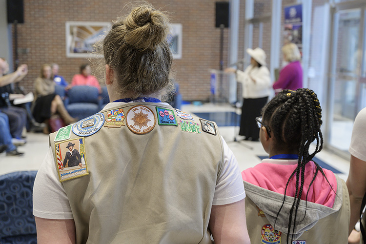 MTSU first lady Elizabeth McPhee, top left, welcomes a group of local Girl Scouts to campus Tuesday inside the Cope Administration Building. The scouts met with various MTSU faculty and staff during a daylong career mentoring visit hosted by McPhee. (MTSU photo by Andy Heidt)