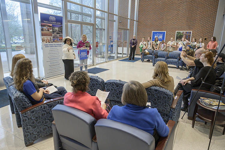 MTSU first lady Elizabeth McPhee, top left, welcomes a group of local Girl Scouts to campus Tuesday inside the Cope Administration Building. The scouts met with various MTSU faculty and staff during a daylong career mentoring project hosted by McPhee. (MTSU photo by Andy Heidt)