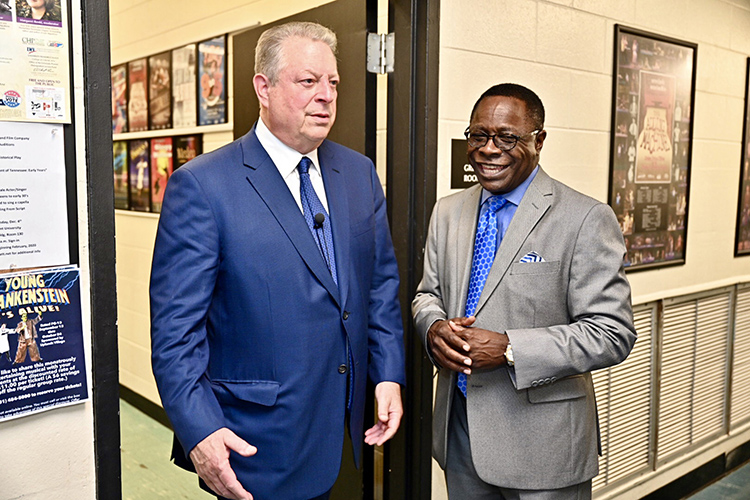Former Vice President Al Gore, left, chats with MTSU President Sidney A. McPhee Monday, Sept. 16, before a public forum at MTSU’s Tucker Theatre with author Anthony Badger to discuss Badger’s new biography on Gore’s father, the late U.S. Sen. Albert Gore Sr. (MTSU photo by J. Intintoli)