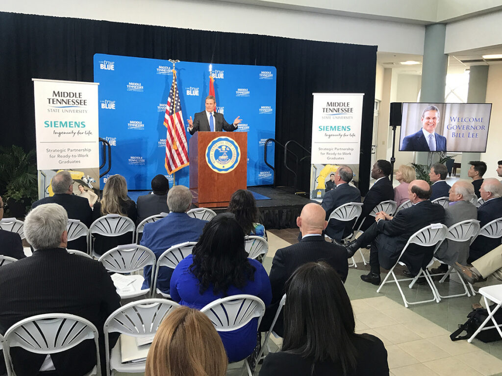 Tennessee Gov. Bill Lee discusses the ready-to-work programs offered at MTSU, such as mechatronics engineering, during an event Wednesday, April 3, recognizing the in-kind software grant from Siemens Digital Industries Software that provides hands-on training for mechatronics students. The event was held at the Miller Education Center on Bell Street. (MTSU photo by Andrew Oppmann)