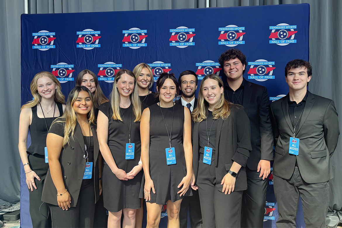 Middle Tennessee State University students, Genesis Sanchez Maldonado, front row at far left, a Business Management major, and Emily Chubb, front row second from left, a Tourism and Hospitality Management program major, and served as part of a cohort of college students from across the state who were chosen to help with the Tennessee Sports Hall of Fame induction ceremony and banquet held in Nashville, Tenn., on Saturday, July 19. (Submitted photo)