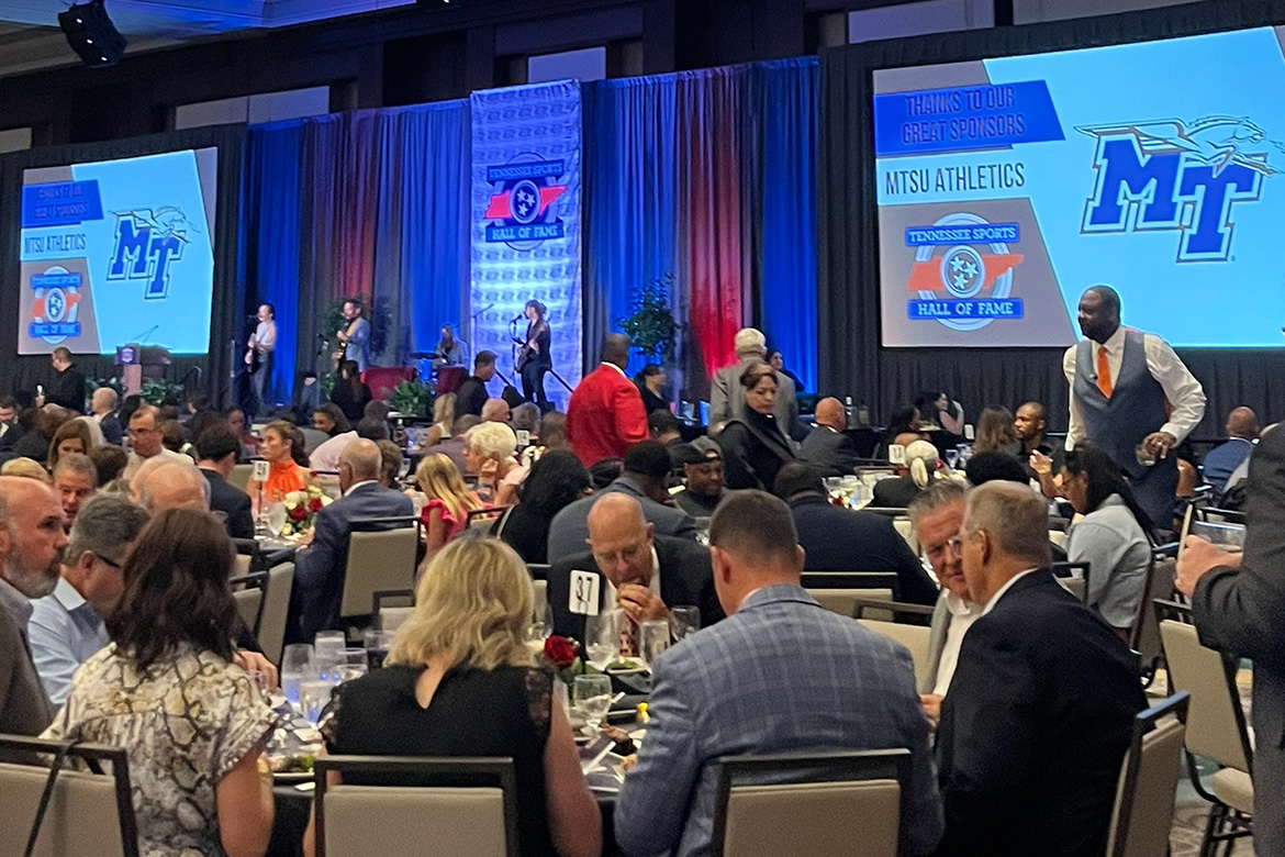 The Tennessee Sports Hall of Fame induction ceremony and banquet, presented by the Tennessee Titans, was held in Nashville, Tenn., on Saturday, July 19. Two Middle Tennessee State University seniors were on hand as volunteers to help with this year’s 20 athletes inducted into the Class of 2025. Athlete of the Year honoree was Reed Blankenship, former MTSU Blue Raider football player and current starting safety for the Philadelphia Eagles and part of the team’s victory over the Kansas City Chiefs in Super Bowl LIX. (Submitted photo)