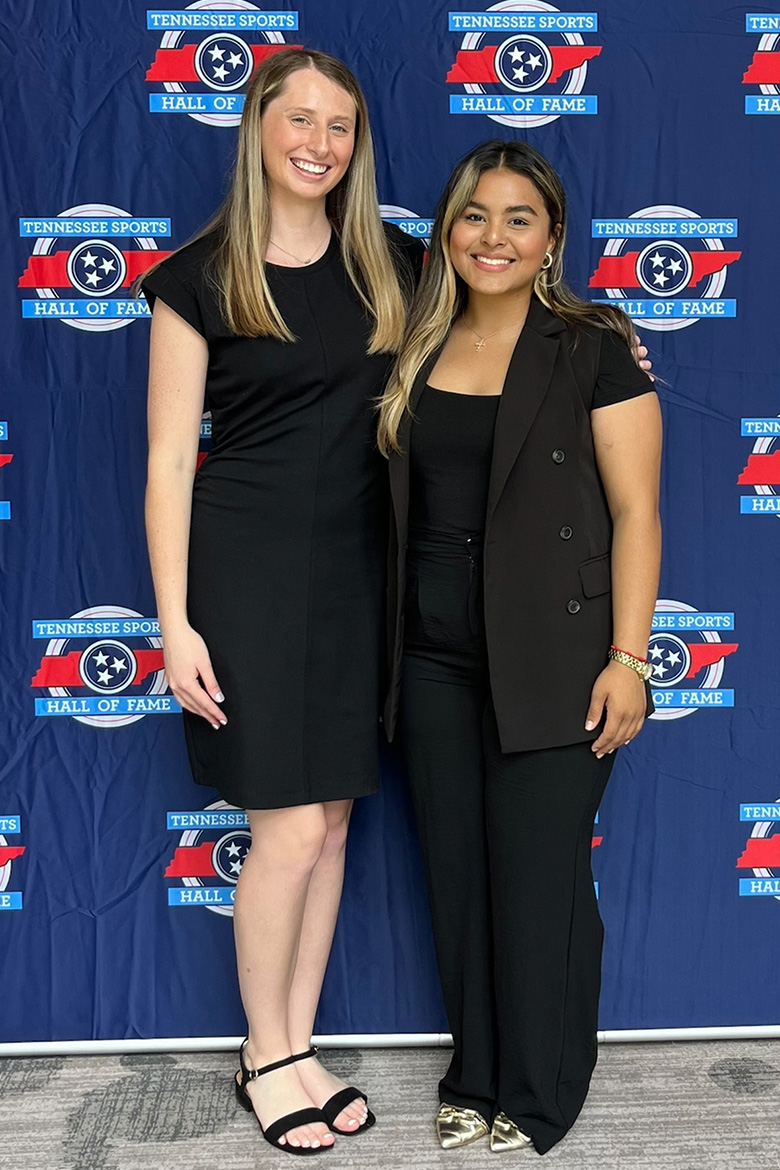 Middle Tennessee State University students, Emily Chubb, left, a Tourism and Hospitality Management program major, and Genesis Sanchez Maldonado, a Business Management major, served as part of a cohort of college students from across the state who were chosen to help with the Tennessee Sports Hall of Fame induction ceremony and banquet held in Nashville, Tenn., on Saturday, July 19. (Submitted photo)