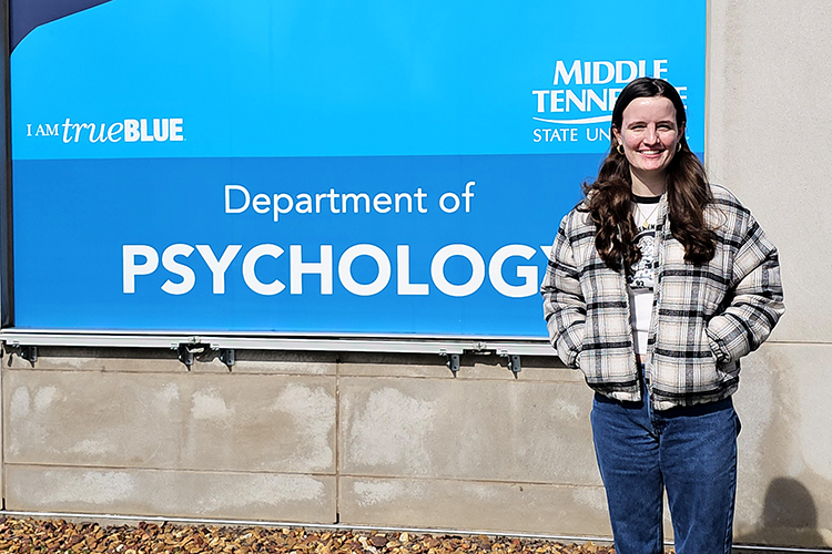 Middle Tennessee State University sophomore Hannah Ferreira, of Clarksville, Tenn., shown here outside the Academic Classroom Building on the MTSU campus in Murfreesboro, Tenn., has been named a recipient of the U.S. Department of State’s John S. McCain International Scholarship for Military Families, also known as the Gilman-McCain Scholarship. Ferreira, a psychology and political science double major with a pre-law concentration, will use the $5,000 scholarship to study the history of psychology in Austria through an MTSU Signature Program over the summer. (MTSU photo by Robin E. Lee)