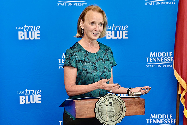 Former Tennessee House Speaker Beth Harwell makes a point in the MTSU Student Union Sept. 24, 2019, during her formal introduction as a Distinguished Visiting Professor in political science at the university. The White House announced Jan. 28 that Harwell has been nominated for a seat on the Tennessee Valley Authority’s board of directors. (MTSU file photo by Andy Heidt)