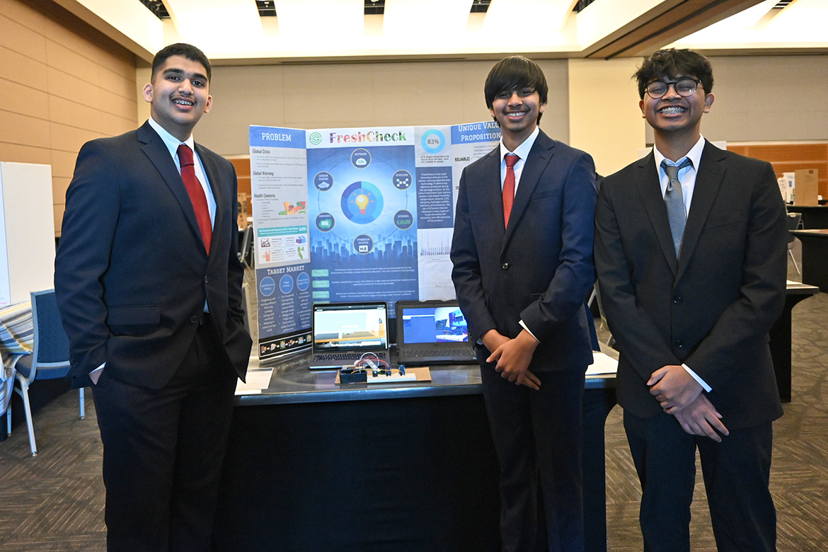 High school sophomores Aditya Dwivedi, Anirudh Kodukula, and Karunya Vudattula of Murfreesboro’s Central Magnet School took home the first-place award for their business called Fresh Check during MTSU’s 2024 High School Entrepreneurship Fair, held Tuesday, Feb. 20, in the Student Union Ballroom. (MTSU photo by Johari Hamilton)