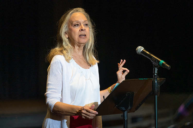 MTSU history and research professor Mary A. Evins, who also serves as coordinator for the campus chapter of the American Democracy Project, makes a point Sept. 19 while introducing the Rev. Allyn Maxfield-Steele, co-executive director of the historic Highlander Research and Education Center in East Tennessee, at the “Grassroots Organizing and Movement Building Are in Tennessee’s DNA: Highlander Comes to MTSU" workshop in Tucker Theatre. The event was part of MTSU's annual Constitution Week observance, which also featured three days of public readings of the U.S. Constitution across campus to mark the 235th anniversary of the Sept. 17 signing of the document. (MTSU photo by James Cessna)