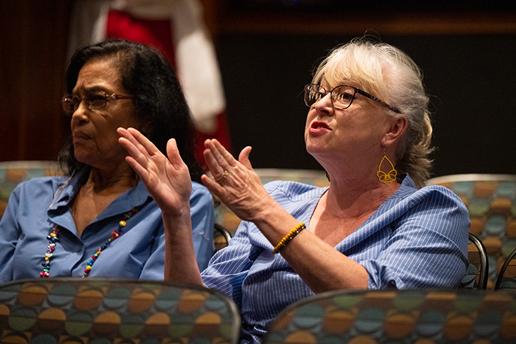 An audience member asks a question of rhe Rev. Allyn Maxfield-Steele, co-executive director of the historic Highlander Research and Education Center in East Tennessee, during the “Grassroots Organizing and Movement Building Are in Tennessee’s DNA: Highlander Comes to MTSU" workshop held Sept. 19 in the university's Tucker Theatre. The event, organized by the campus chapter of the American Democracy Project, was part of MTSU's annual Constitution Week observance, which also featured three days of public readings of the U.S. Constitution across campus to mark the 235th anniversary of the Sept. 17 signing of the document. (MTSU photo by James Cessna)