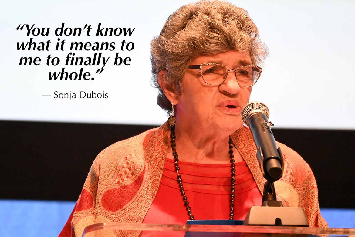 Child Holocaust survivor Sonja Dubois of Knoxville, Tenn., discusses her yearslong journey to discover more about her Jewish heritage during her Sept. 23 talk to close out the university’s 14th biennial Holocaust Studies Conference in the MTSU Student Union Ballroom. (MTSU photo by Jimmy Hart)