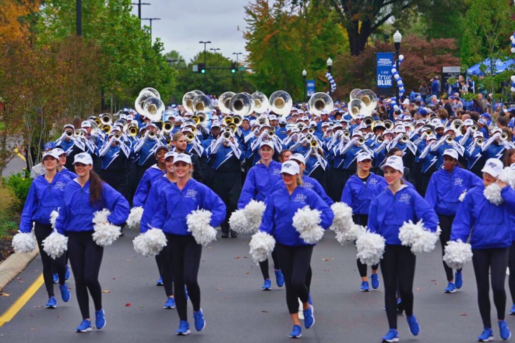 The MTSU Band of Blue marches north on Middle Tennessee Boulevard from East Main Street while performing at the 2019 MTSU Homecoming. (MTSU file photo by Cat Curtis Murphy)