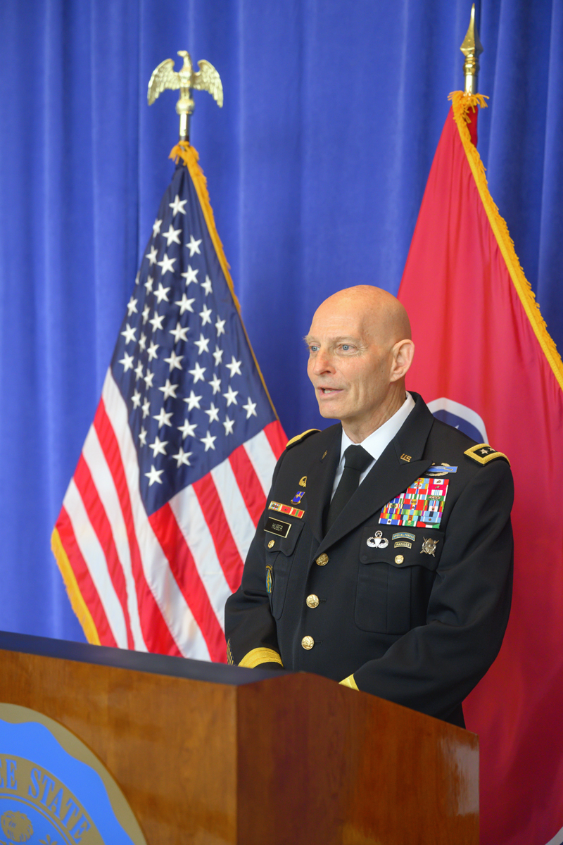 Retired U.S. Army Lt. Gen. Keith H. Huber, senior adviser for veterans and leadership initiatives, emcees the first virtual Graduating Veterans Stole Ceremony conducted via Zoom and Facebook Live, to honor student veterans and ROTC cadets. Huber spoke in the lobby of the Cope Administration Building Wednesday, April 29. (MTSU photo by Cat Curtis Murphy)