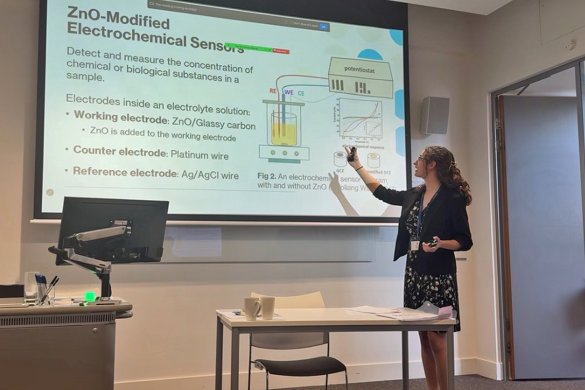 Middle Tennessee State University physics major Ariel Nicastro, of Franklin, Tenn., presents her research at the 2025 International Conference of Undergraduate Research held June 18-19 at the University of Warwick in Coventry, England. (Submitted photo)