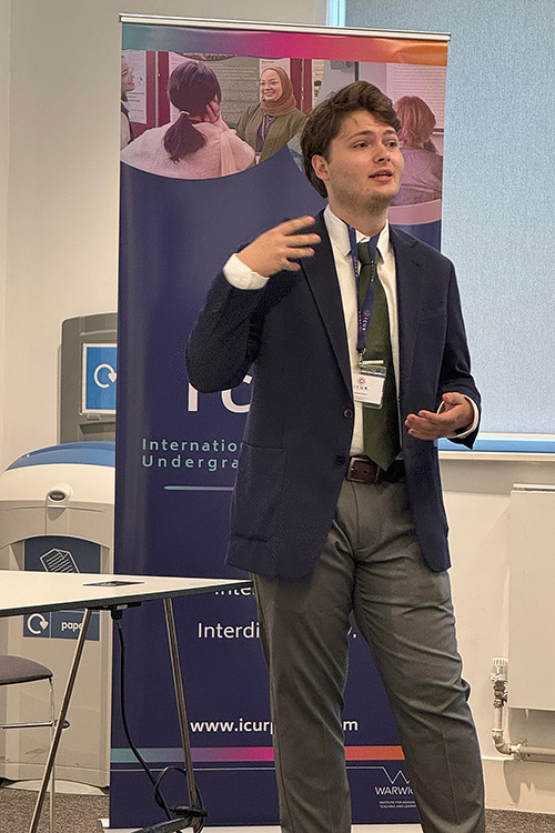 Middle Tennessee State University biology major Andrew Hetrick, of Manchester, Tenn., presents his research at the 2025 International Conference of Undergraduate Research held June 18-19 at the University of Warwick in Coventry, England. (Submitted photo)