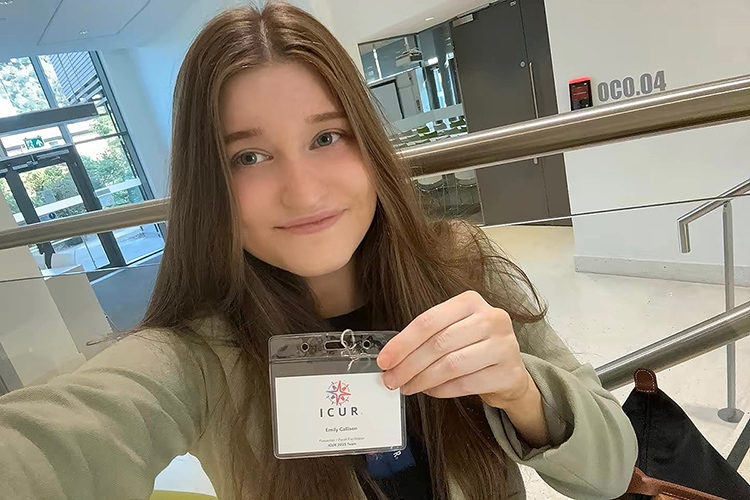 Middle Tennessee State University Honors student Emily Callison, a psychology major from Chattanooga, Tenn., shows off her name tag at the 2025 International Conference of Undergraduate Research held June 18-19 at the University of Warwick in Coventry, England. (Submitted photo)
