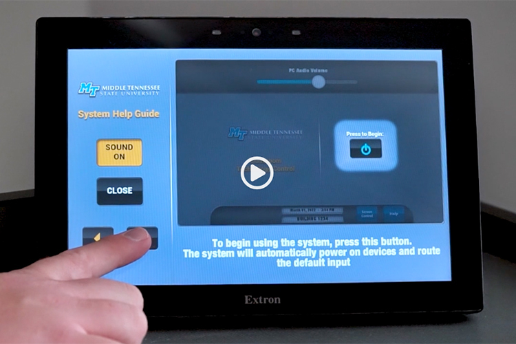 This screenshot shows an instructional video from Middle Tennessee State University’s Information Technology Division that helps classroom instructors using audiovisual equipment troubleshoot problems themselves through an interface from vendor Extron rather than needing a technician to intervene. (Courtesy of MTSU ITD)