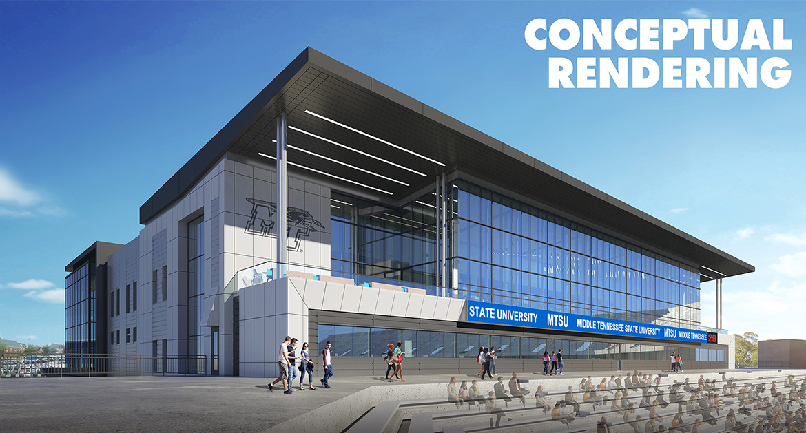 This conceptual rendering shows a Floyd Stadium view of the new Student-Athlete Performance Center that broke ground Thursday, Jan. 26, outside the stadium at Middle Tennessee State University. The center will serve as the new home of Blue Raider Football. (Courtesy of MTSU Athletics Communications)