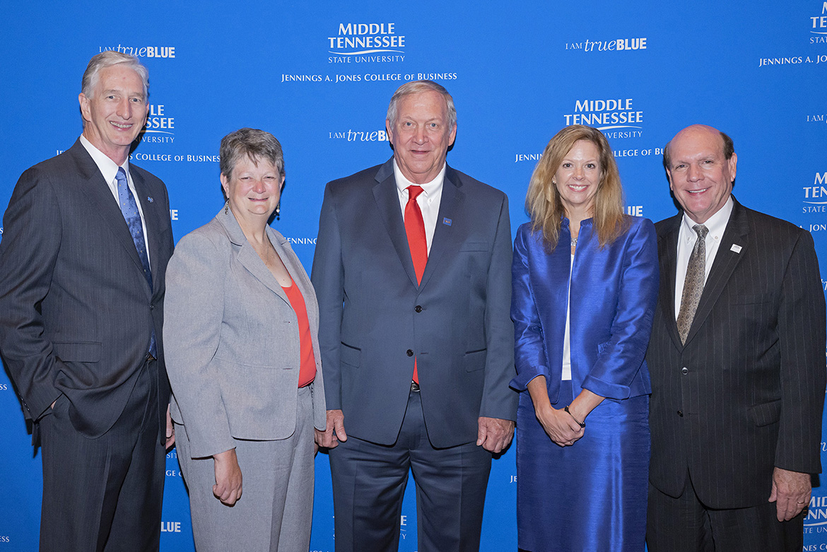 Three longtime insurance professionals were inducted into the Robert E. Musto Tennessee Insurance Hall of Fame at MTSU during a Sept. 12 ceremony at the Embassy Suites Hotel and Conference Center in Murfreesboro. Pictured, from left, are Dave Wood, chairholder, Martin Chair of Insurance; 2019 inductees Mary Francis Miller of Nashville; William “Dick” Williams of Crossville; and Julie Mix McPeak of Nashville; and David Urban, dean, Jennings A. Jones College of Business. (MTSU photo by Cat Curtis Murphy)