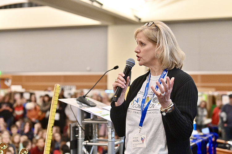 Dr. Tracey Huddleston, a professor in MTSU’s Department of Elementary and Special Education and founder of the regional Invention Convention, talks with attendees before introducing their 2020 guest speaker at the 28th annual event, held Feb. 27. Eight hundred twenty-eight fourth-, fifth- and sixth-grade students brought games and solutions to "make life easier" to present and demonstrate to judges for ribbons, trophies and plenty of praise. (MTSU photo by J. Intintoli)