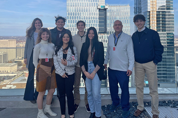 A group of students from Middle Tennessee State University’s Jones College of Business and Brad Tammen, director of strategic partnerships and corporate engagements, gather outside of Amazon’s Nashville, Tenn., headquarters during the company’s summit in early December. Pictured, from left, are students Priscilla Hammermeister, Syd Panak, Jose Rivera, Havjin Barkhan, Chase Holmes, Olivia King, Tammen, and Jonathan Dunn. (Submitted photo)